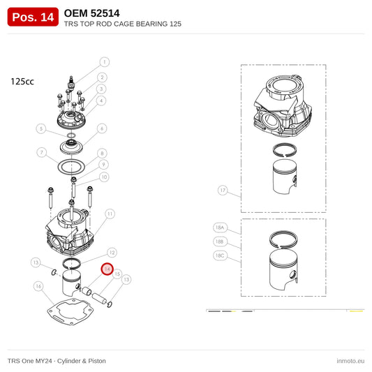 TRS TOP ROD CAGE BEARING 125 – TRS One MY24 exploded view, cylinder & piston, pos. 14