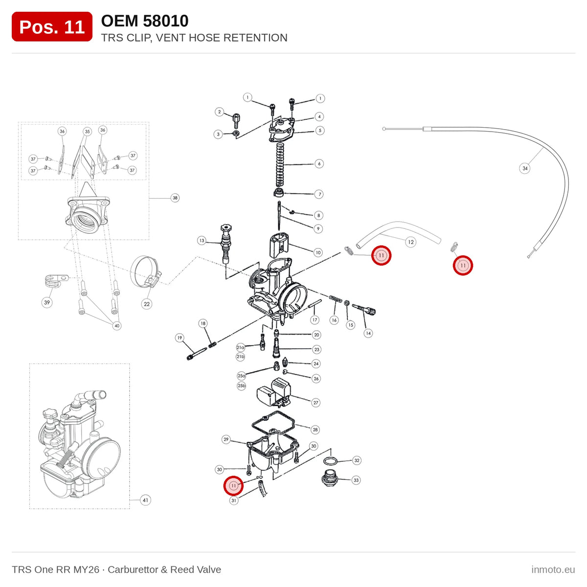 TRS CLIP, VENT HOSE RETENTION – TRS One RR MY26 exploded view, carburettor & reed valve, pos. 11